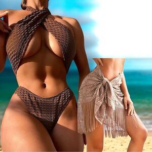 Chic Brown Bikini Swimwear l Cris-cross bikini & sarong l NWOT
